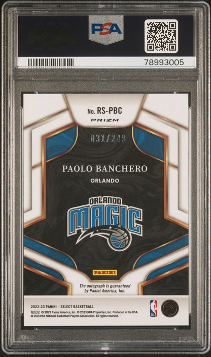 PSA-graded Paolo Banchero 2022 Select Rookie Signatures basketball card in blue and black