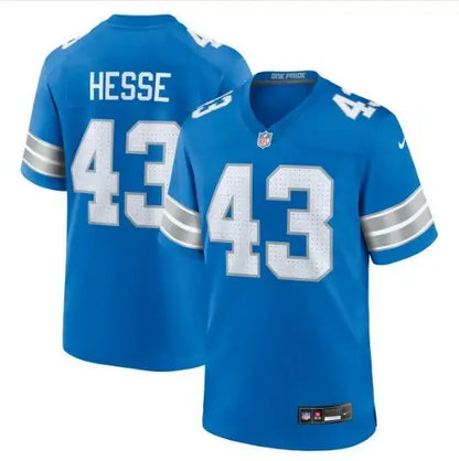 Blue Detroit Lions Nike Game Jersey with number 43 and Hesse on the back