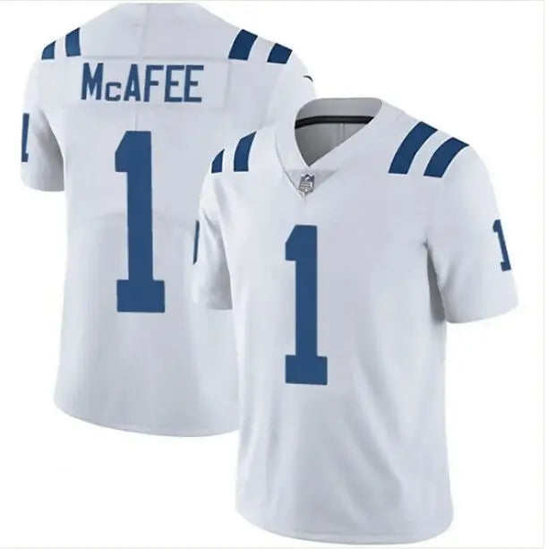 White football jersey with blue shoulder stripes and number 1 from Pat McAfee Indianapolis Colts Nike Game Jersey