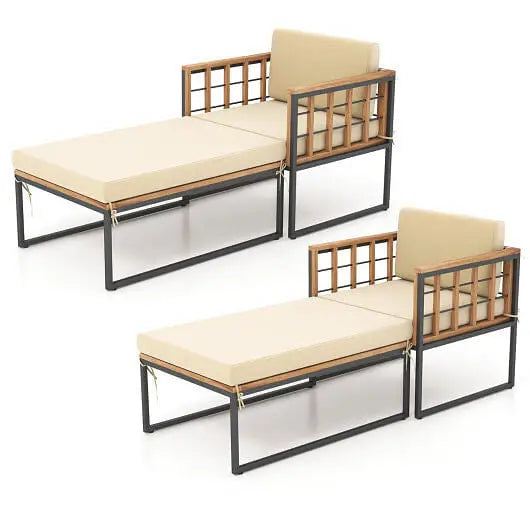 Patio Acacia Wood Armchair with Long Ottoman and Seat Back Cushions - Outdoor Lounge Chair
