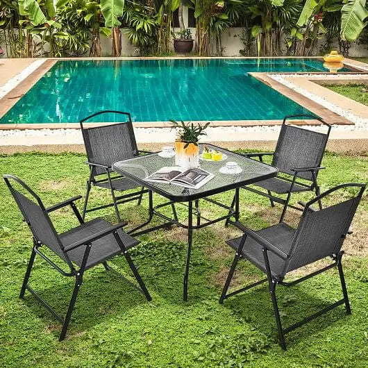 Patio Folding Chairs Set of 4 with Cozy Seat Fabric and Heavy-Duty Metal Frame-Gray - Color:Gray - Patio Chairs