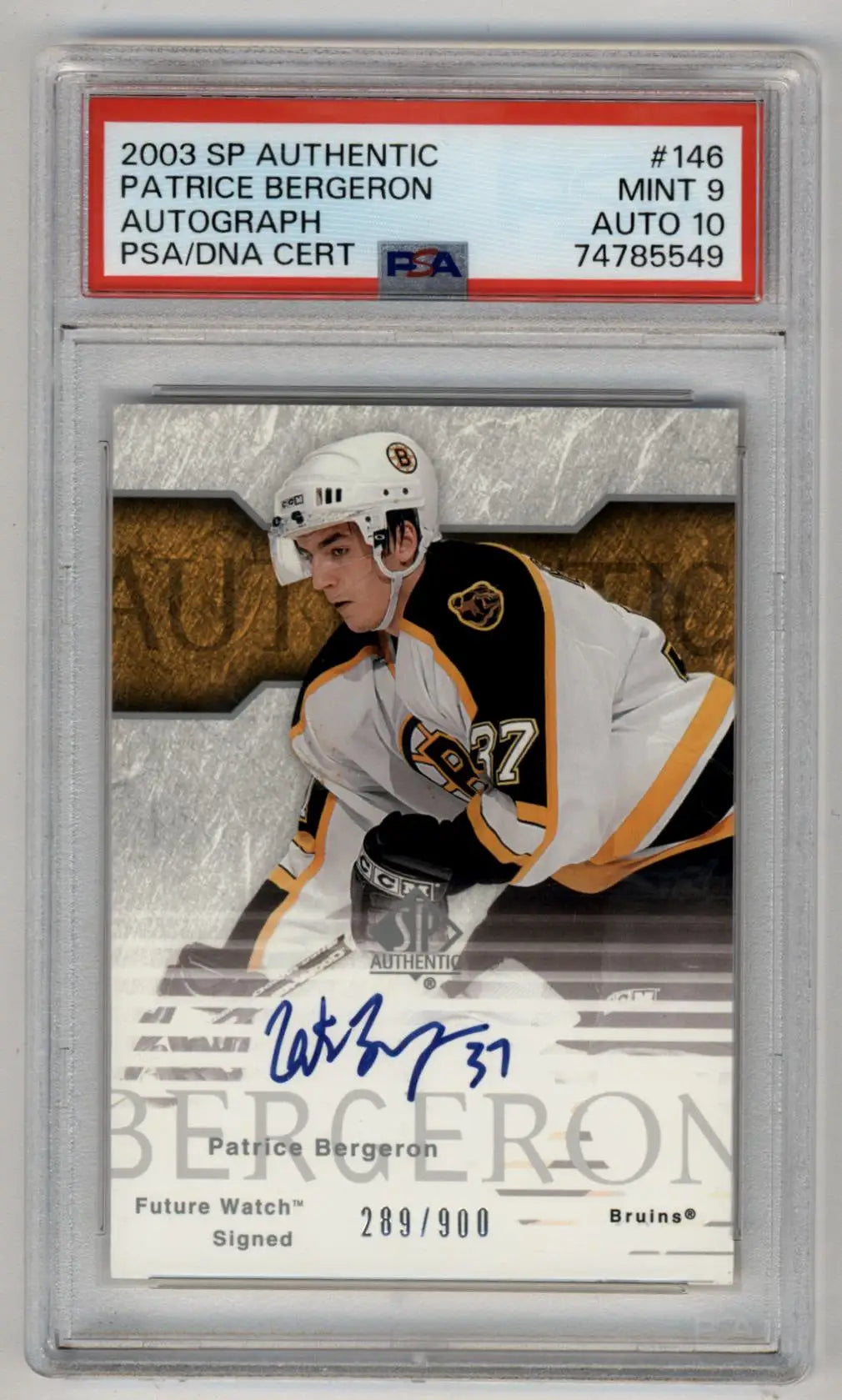 Patrice Bergeron 2003-04 SP Authentic Auto 289/900 PSA 9 Mint Auto 10 - Singles