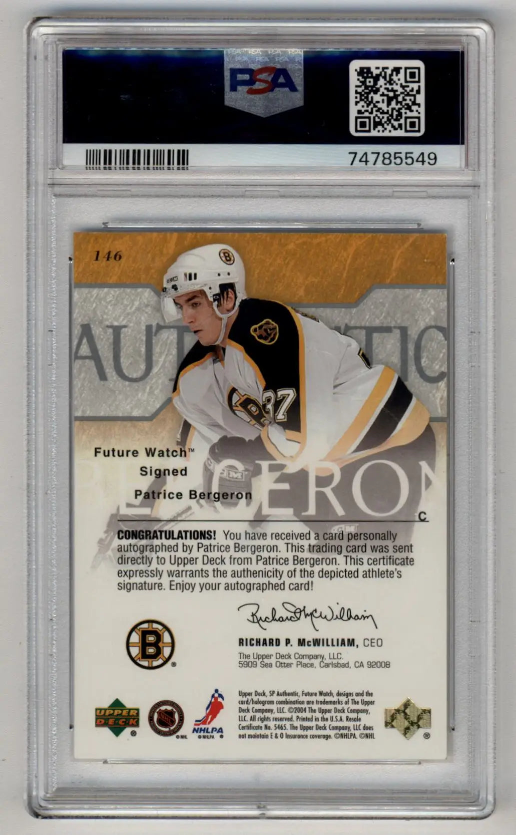 Patrice Bergeron 2003-04 SP Authentic Auto 289/900 PSA 9 Mint Auto 10 - Singles