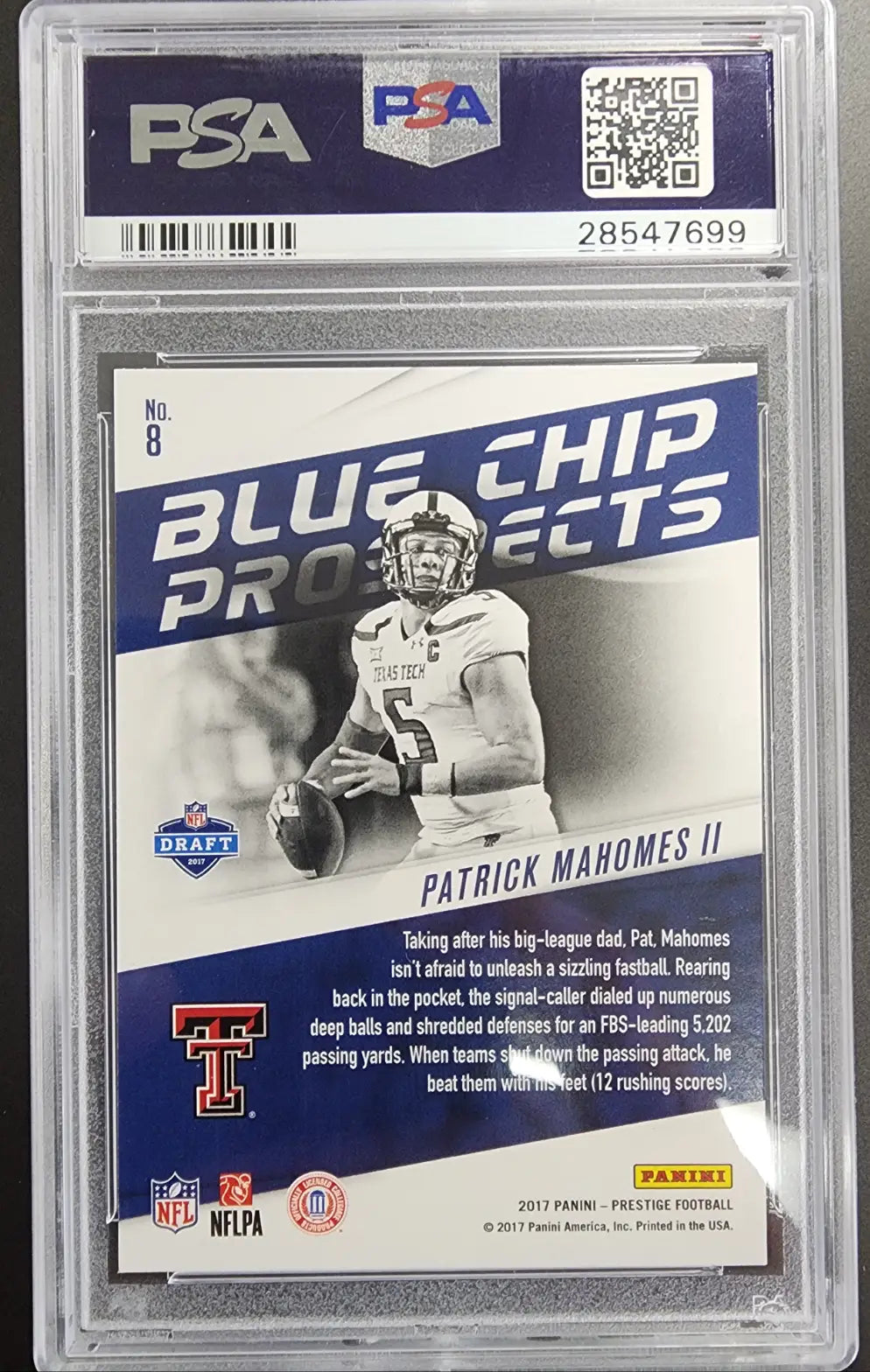 PSA-graded Patrick Mahomes 2017 Panini Prestige Blue Chip Prospects card in black and white