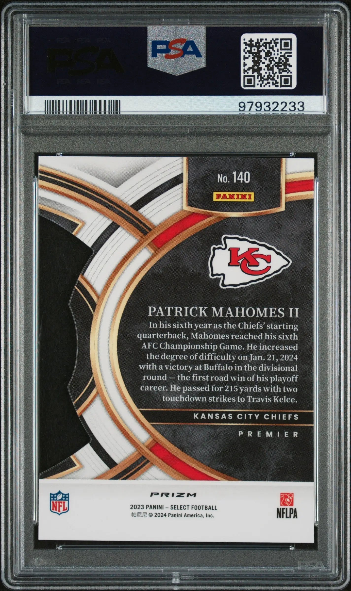 Graded Patrick Mahomes II football card featuring die cut red and yellow Panini Select Prizm