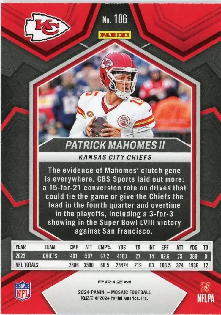 Patrick Mahomes II 2024 Panini Mosaic Silver Mosaic #106 Kansas City Chiefs Card
