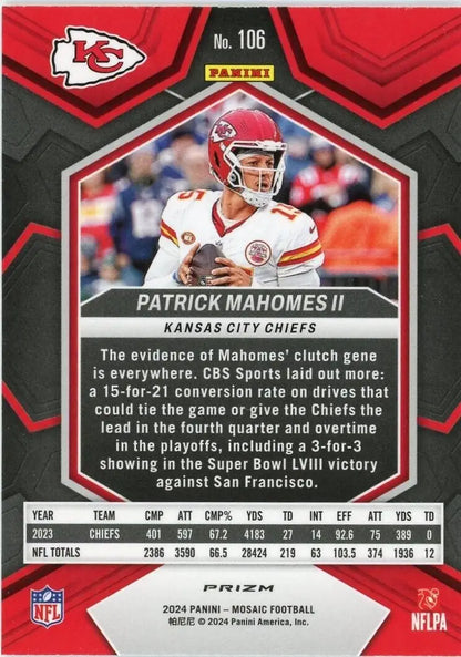Patrick Mahomes II 2024 Panini Mosaic Silver Mosaic #106 Kansas City Chiefs Card