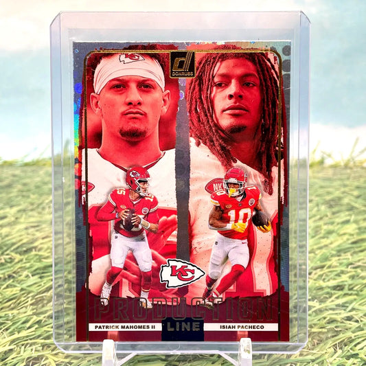 Patrick Mahomes and Isiah Pacheco 2024 Donruss Production Line trading card for Chiefs