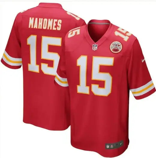 Red Patrick Mahomes Kansas City Chiefs football jersey with number 15 for fans