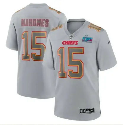 Gray Kansas City Chiefs jerseys with MAHOMES 15 for Super Bowl LVII featuring Patrick Mahomes
