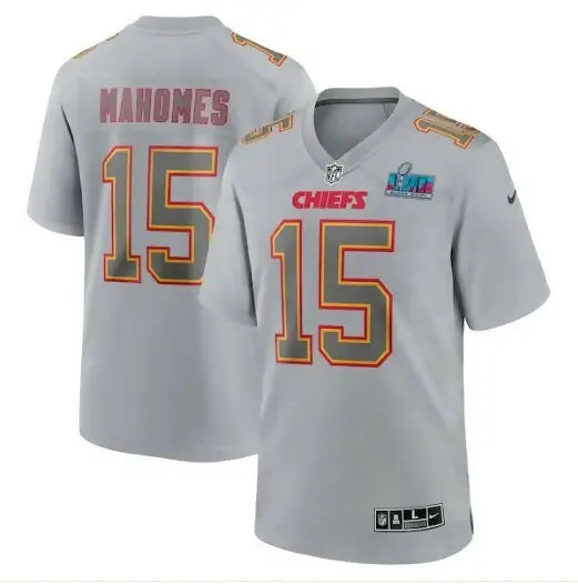 Gray Kansas City Chiefs jerseys with MAHOMES 15 for Super Bowl LVII featuring Patrick Mahomes