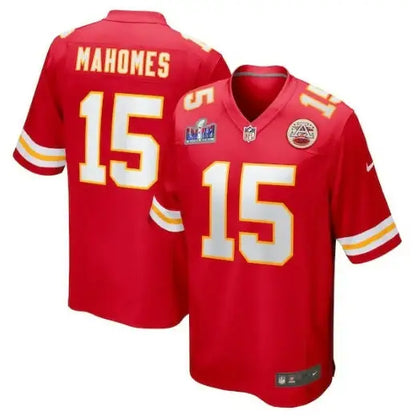 Red Patrick Mahomes Kansas City Chiefs Super Bowl LVIII jersey featuring his #15 football jersey