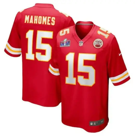 Red Patrick Mahomes Kansas City Chiefs Super Bowl LVIII jersey featuring his #15 football jersey