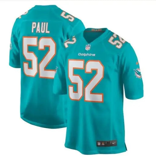 Two teal and orange Miami Dolphins Nike jerseys featuring Patrick Paul Miami Dolphins design