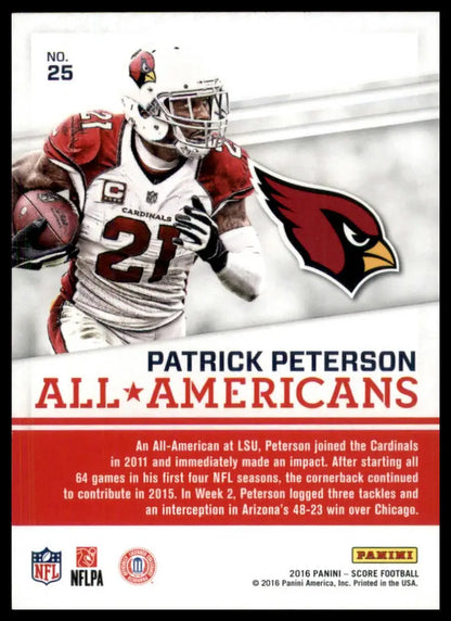 2016 Panini Score Patrick Peterson football trading card featuring Arizona Cardinals player