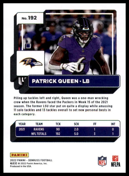 Patrick Queen football card from 2022 Donruss series featuring Baltimore Ravens player