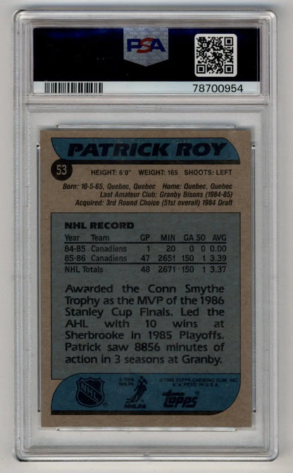 PSA-graded Patrick Roy trading card showcasing career statistics and achievements