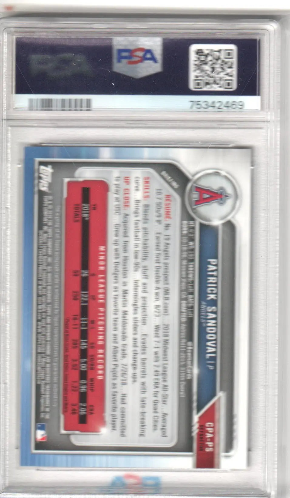 Encased Patrick Sandoval 2019 Bowman Chrome Prospect autographed refractor card at Columbia Hobby