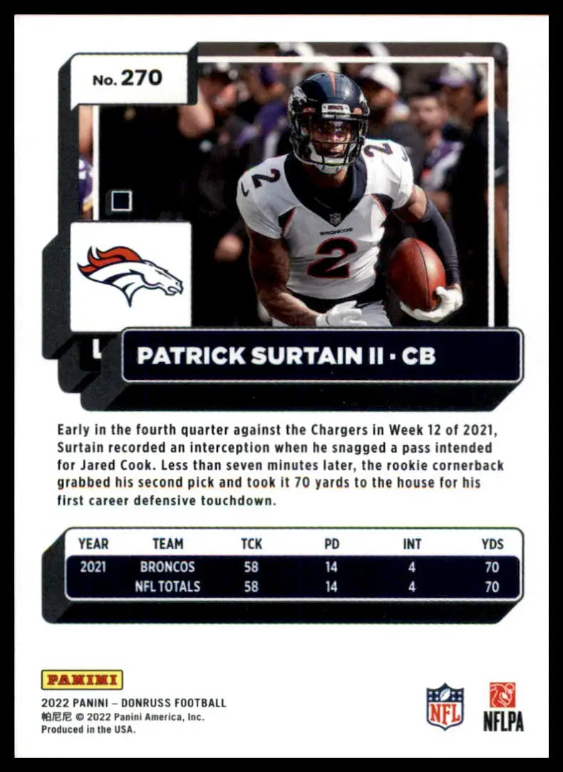 Patrick Surtain II football card from 2022 Donruss Denver Broncos product