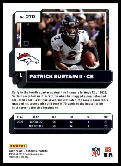 Patrick Surtain II football card from 2022 Donruss Denver Broncos product