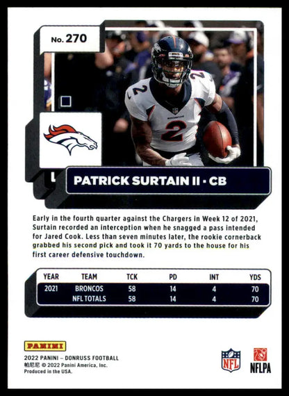 Patrick Surtain II football card from 2022 Donruss Denver Broncos product