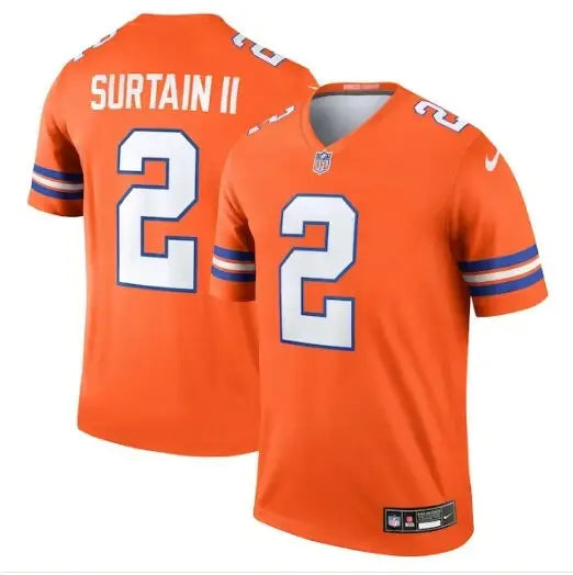 Orange Denver Broncos Patrick Surtain II football jersey with blue and white striped sleeves