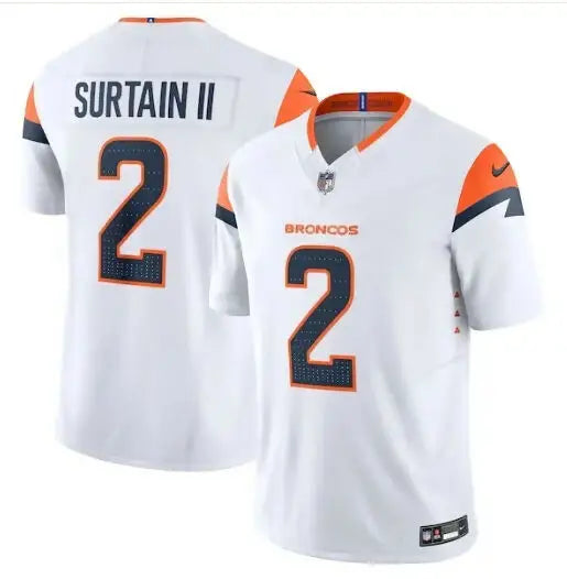 White Denver Broncos Patrick Surtain II Nike Vapor F.U.S.E. Limited Jersey with orange and navy accents