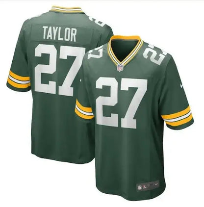 Green and gold Patrick Taylor Green Bay Packers Nike jersey with number 27 and TAYLOR on back