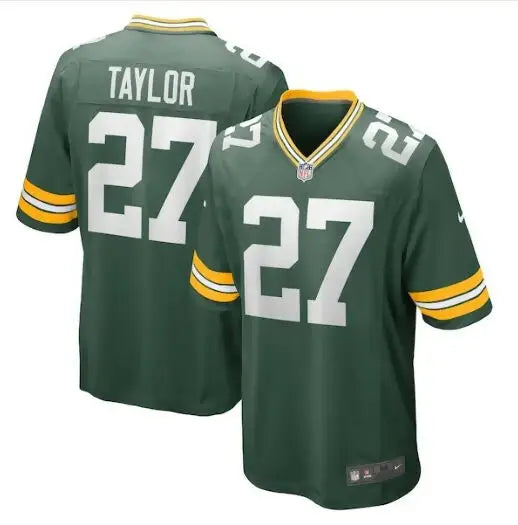 Green and gold Patrick Taylor Green Bay Packers Nike jersey with number 27 and TAYLOR on back