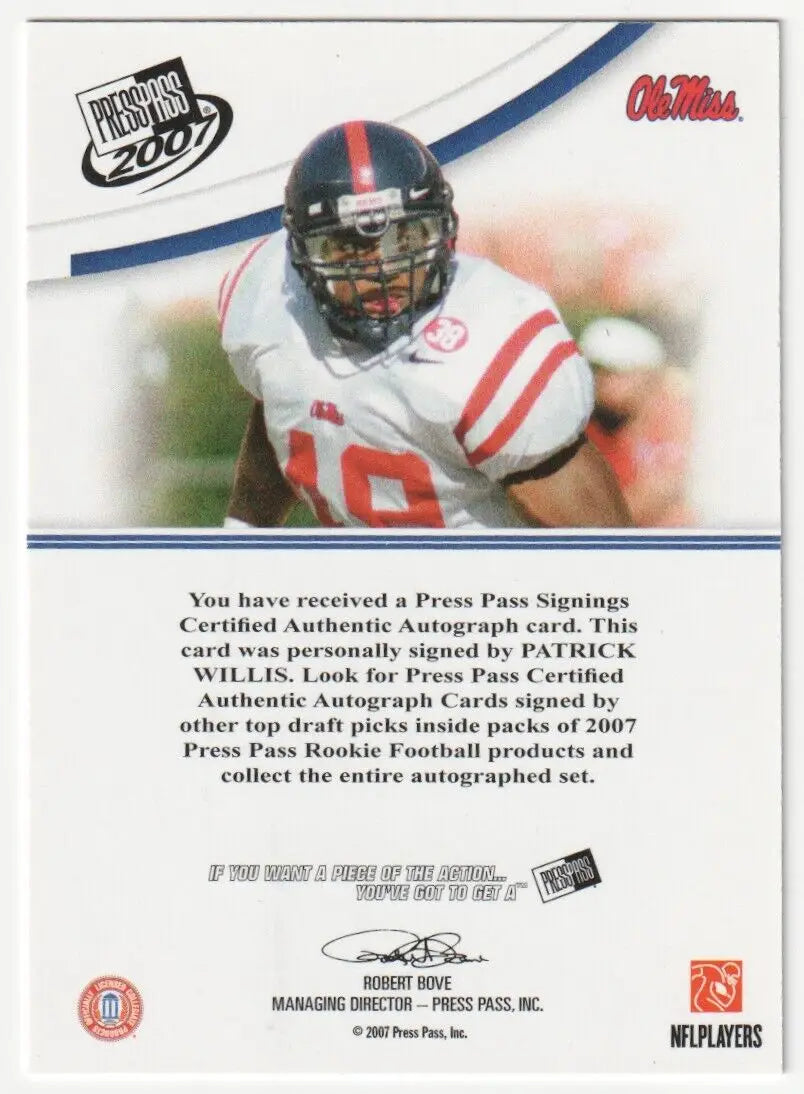 Patrick Willis autographed football card from 2007 Press Pass in Columbia Hobby collection