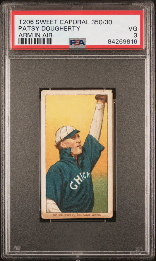 PSA-graded T206 Sweet Caporal card of Patsy Dougherty in green uniform reaching upward