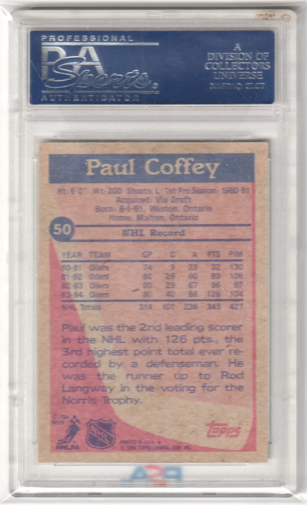Graded Paul Coffey hockey card from 1984-85 Topps PSA 9 Mint by Columbia Hobby