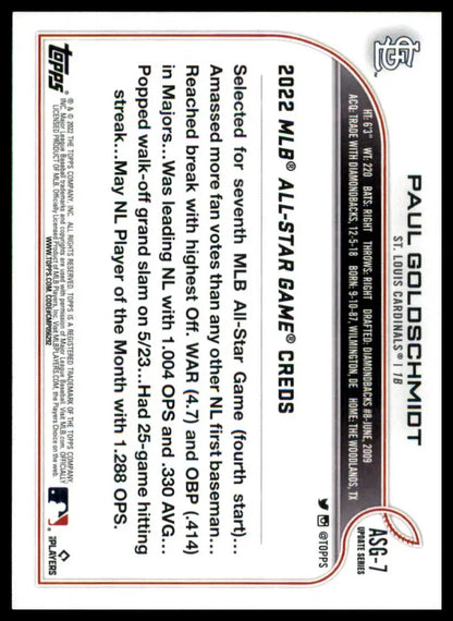 Baseball card back featuring Paul Goldschmidt from 2022 Topps Update MLB All-Star Game