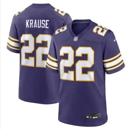 Purple Paul Krause Minnesota Vikings Nike classic retired player jersey with white and gold trim and number 22