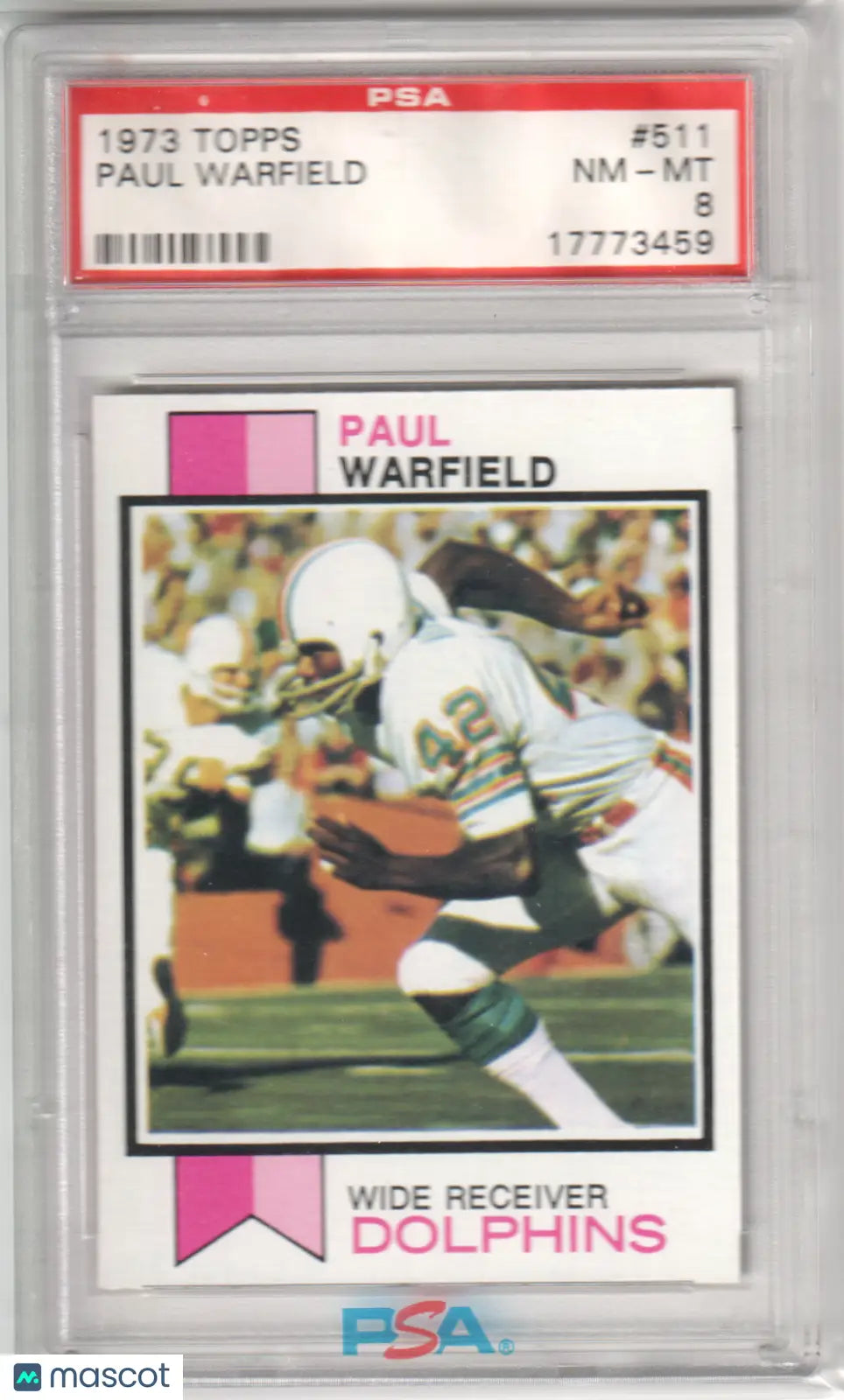 Graded 1973 Topps Paul Warfield football card from Columbia Hobby in PSA 8 NM-MT condition