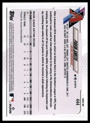 Baseball card back of Pavin Smith Rookie 2021 Topps Arizona Diamondbacks featuring player stats