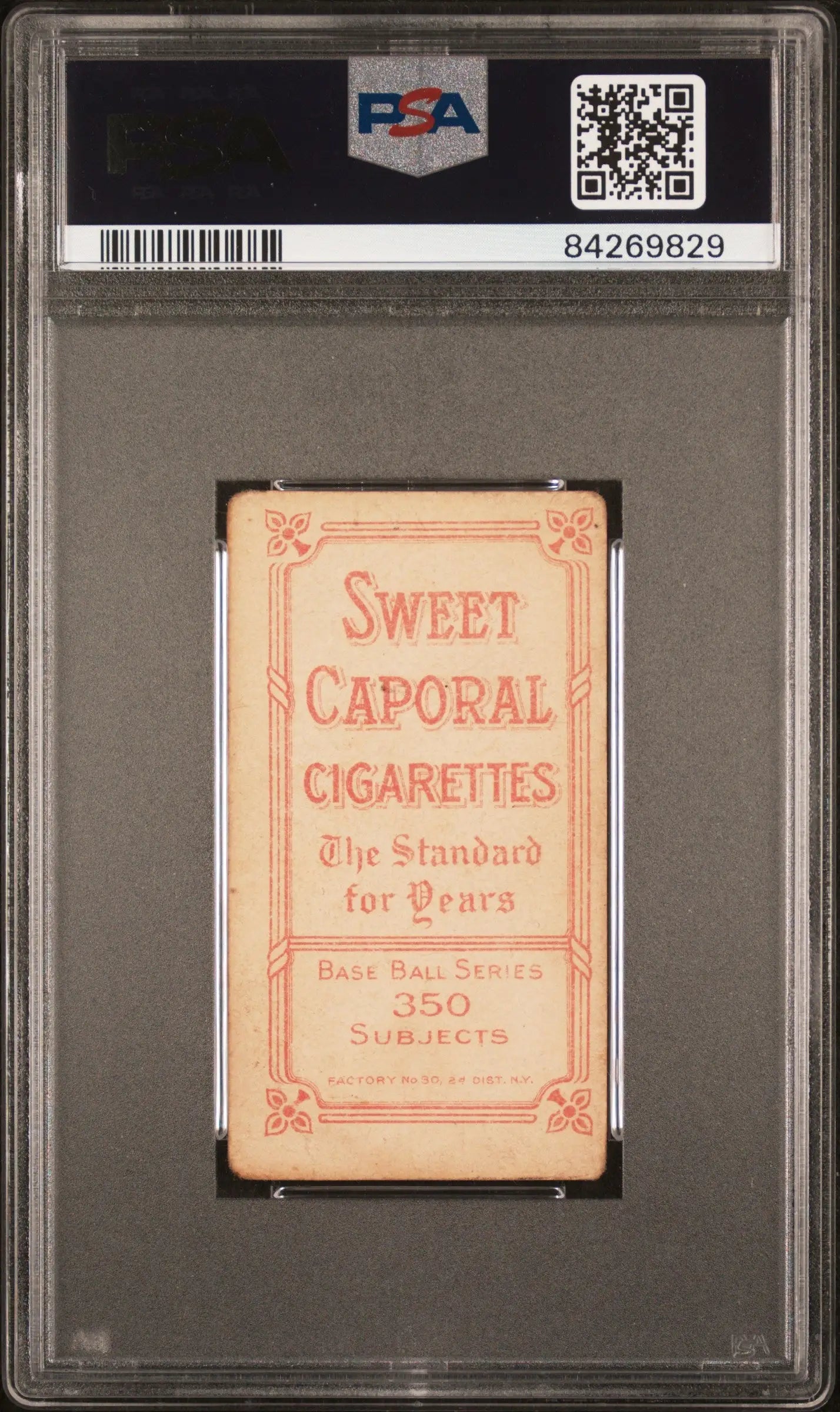 PSA-graded Peaches Graham T206 Sweet Caporal cigarette card with pink text on light background