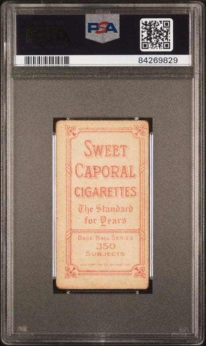 PSA-graded Peaches Graham T206 Sweet Caporal cigarette card with pink text on light background