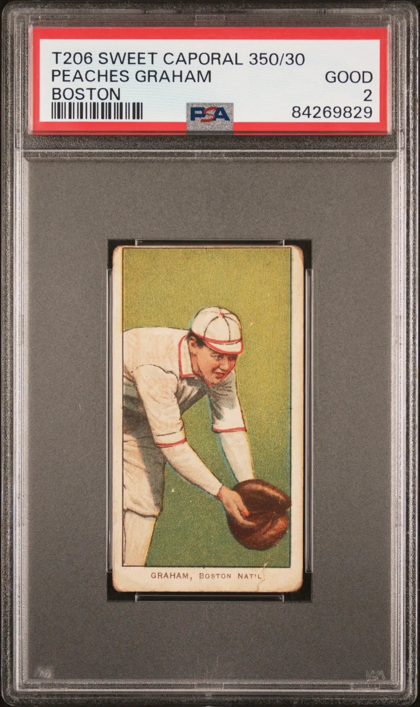 PSA-graded T206 Sweet Caporal card of Peaches Graham in fielding pose, Boston
