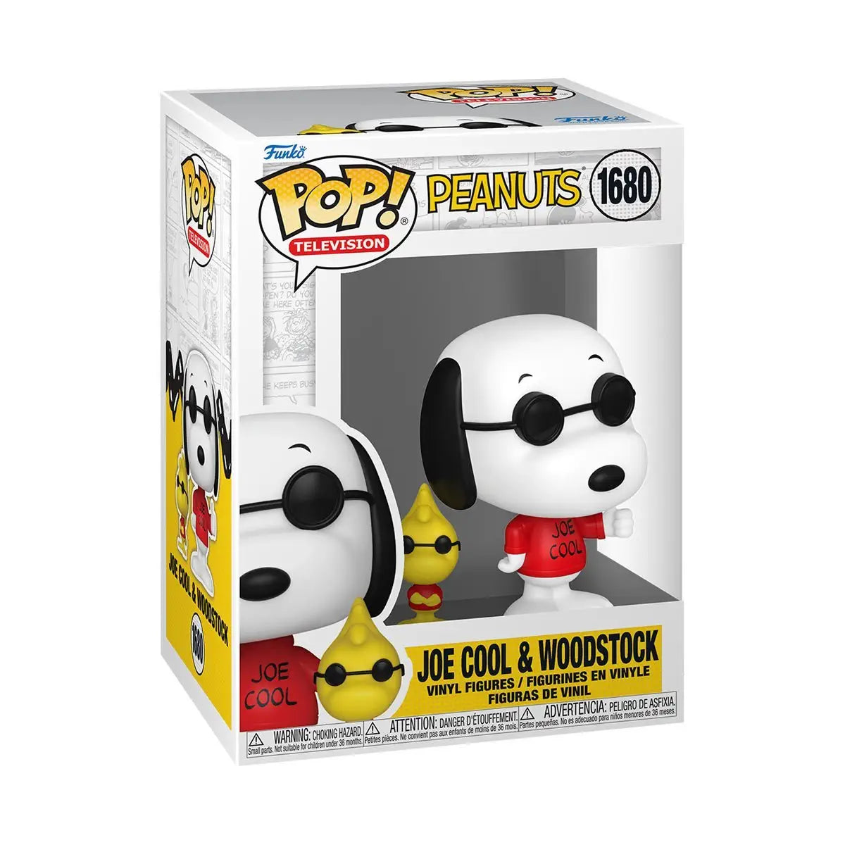 Peanuts Joe Cool and Woodstock Funko Pop vinyl figure set shown in product image