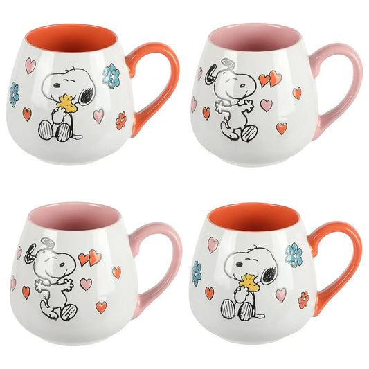 Peanuts Mothers Baby 4 Piece 20 Ounce Stoneware Belly Mug Set in Orange and Pink - Mugs