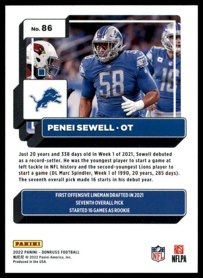 Penei Sewell football card from 2022 Donruss Detroit Lions product