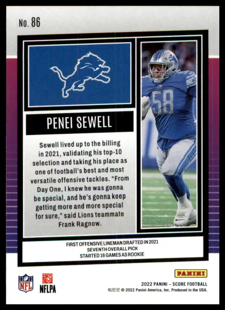 Penei Sewell football card from 2022 Score Detroit Lions product showcasing Penei Sewell