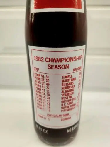 Vintage Penn State Nittany Lions championship soda bottle featuring 1982 Coca-Cola collectible