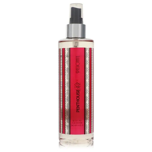 Red and silver striped Penthouse Passionate deodorant spray bottle for Penthouse Passionate
