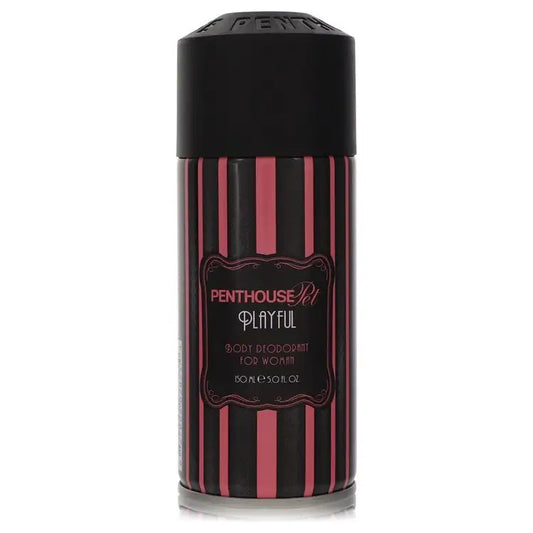 Pink and black striped Penthouse Playful deodorant spray for women in 5 oz bottle