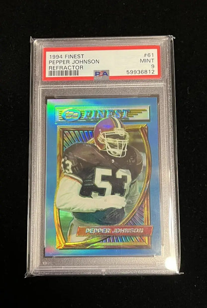 PSA-graded 1994 Finest Football Pepper Johnson Refractor Card in Mint 9 condition