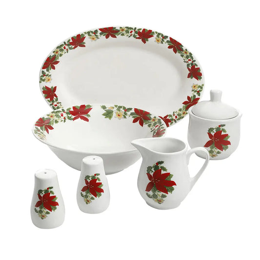 Perfect for Holidays Poinsettia 7 Piece Porcelain Serving Set in Red - Serving Set