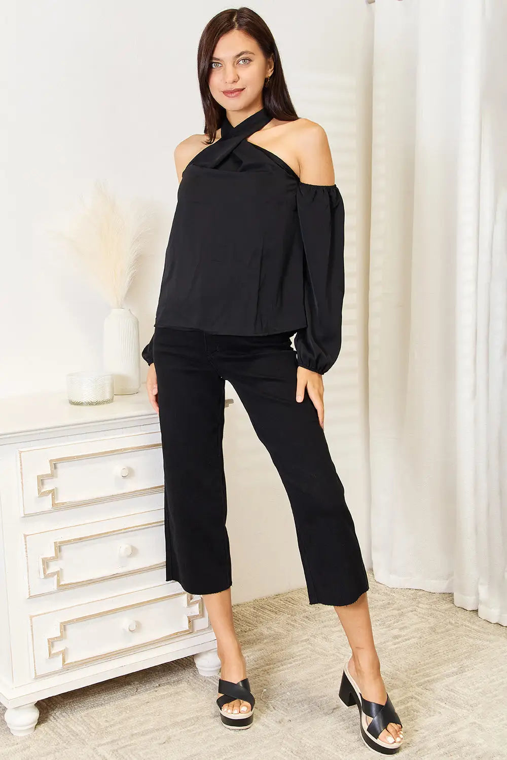 Perfee Grecian Cold Shoulder blouse with long sleeves paired with black capri pants