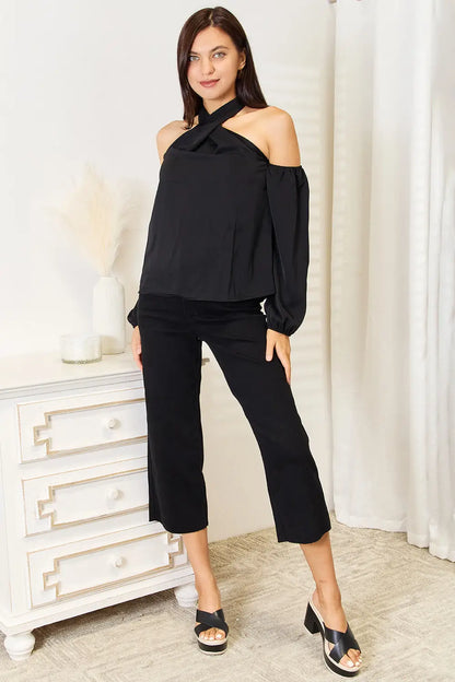 Perfee Grecian Cold Shoulder blouse with long sleeves paired with black capri pants